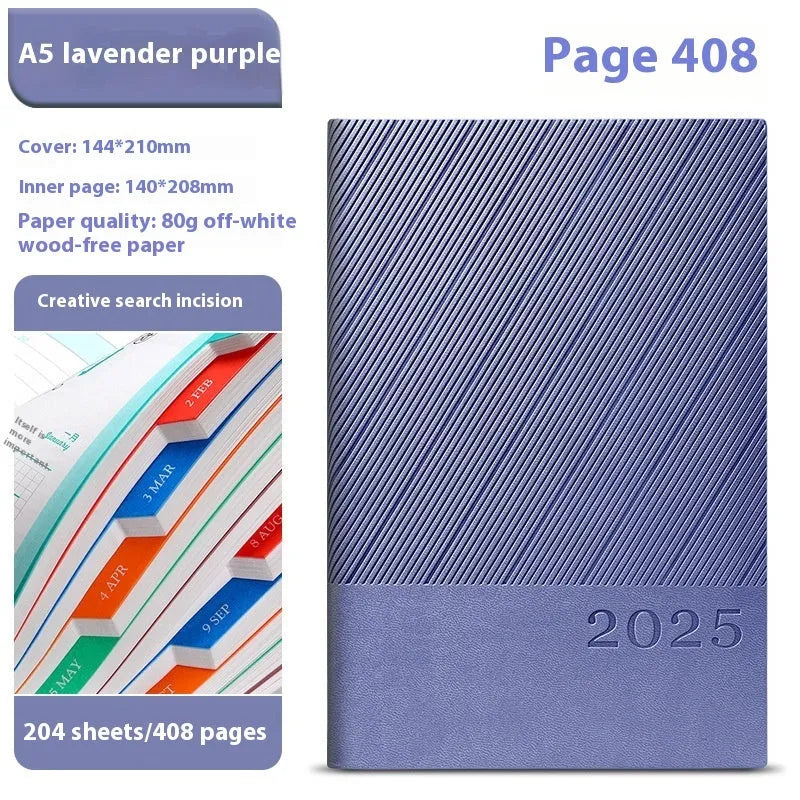 Business notepad with striped PU leather cover showing 204 sheet capacity and wood-free paper