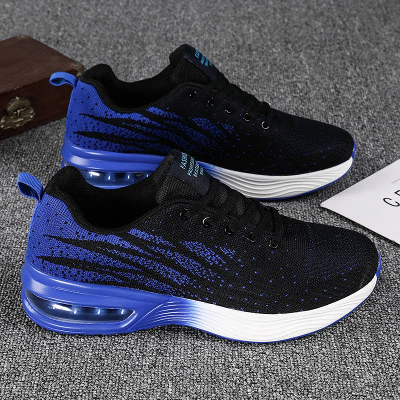 Men's air cushion casual running shoes in black and red with flyknit upper and wedge heel on white background