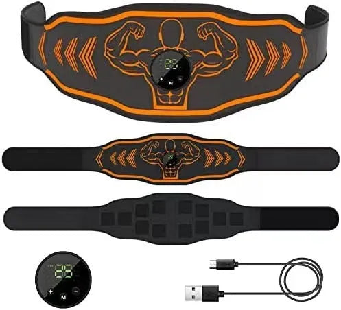 Smart Massage Belt EMS fitness equipment with blue and orange host units on a grey belt