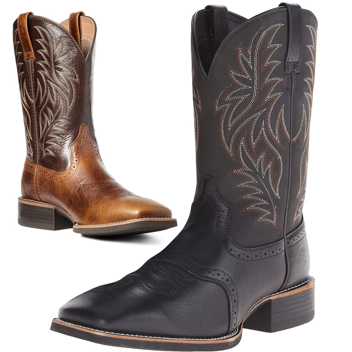 Black men's cowboy boots with detailed embroidery and stitching, square toe, and a low horseshoe heel.