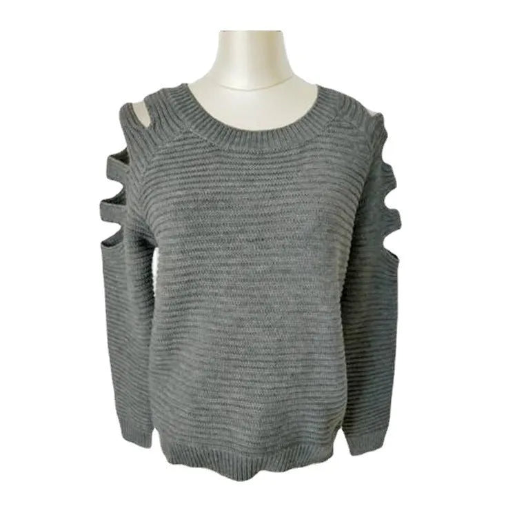 Women's grey hollow-out crochet long sleeve knit shirt on a hanger.