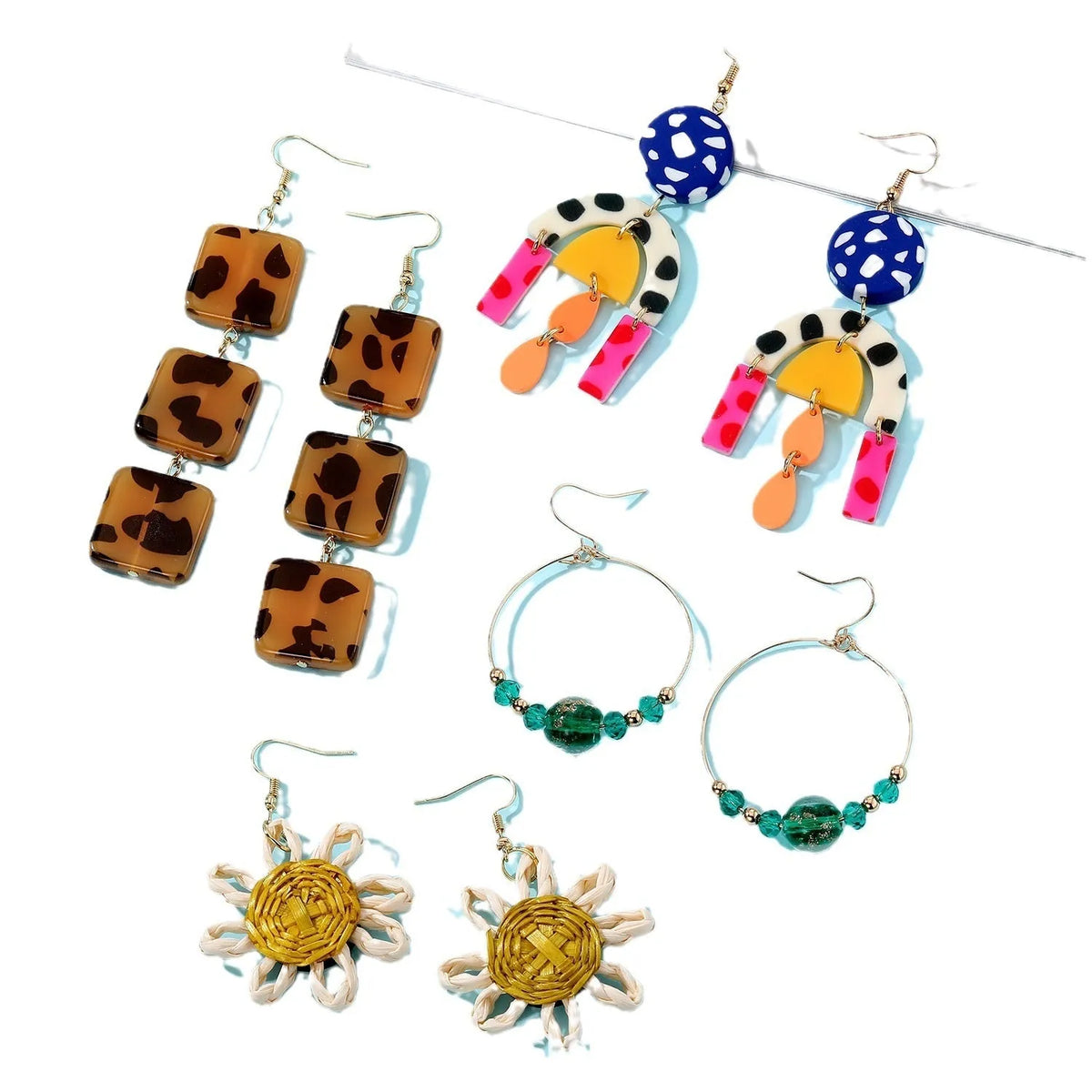 Women's electroplated plastic resin ear studs in leopard square, sunflower and colourful glaze bead designs