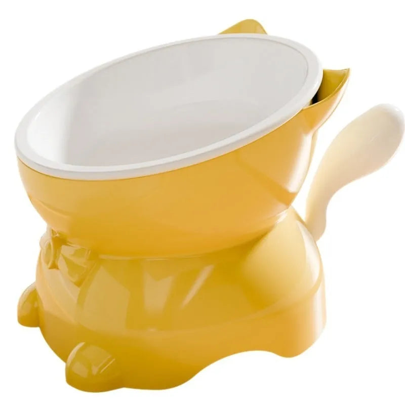Stainless steel oblique angle cat bowl with coloured base, shown in black, blue, pink, and yellow options.