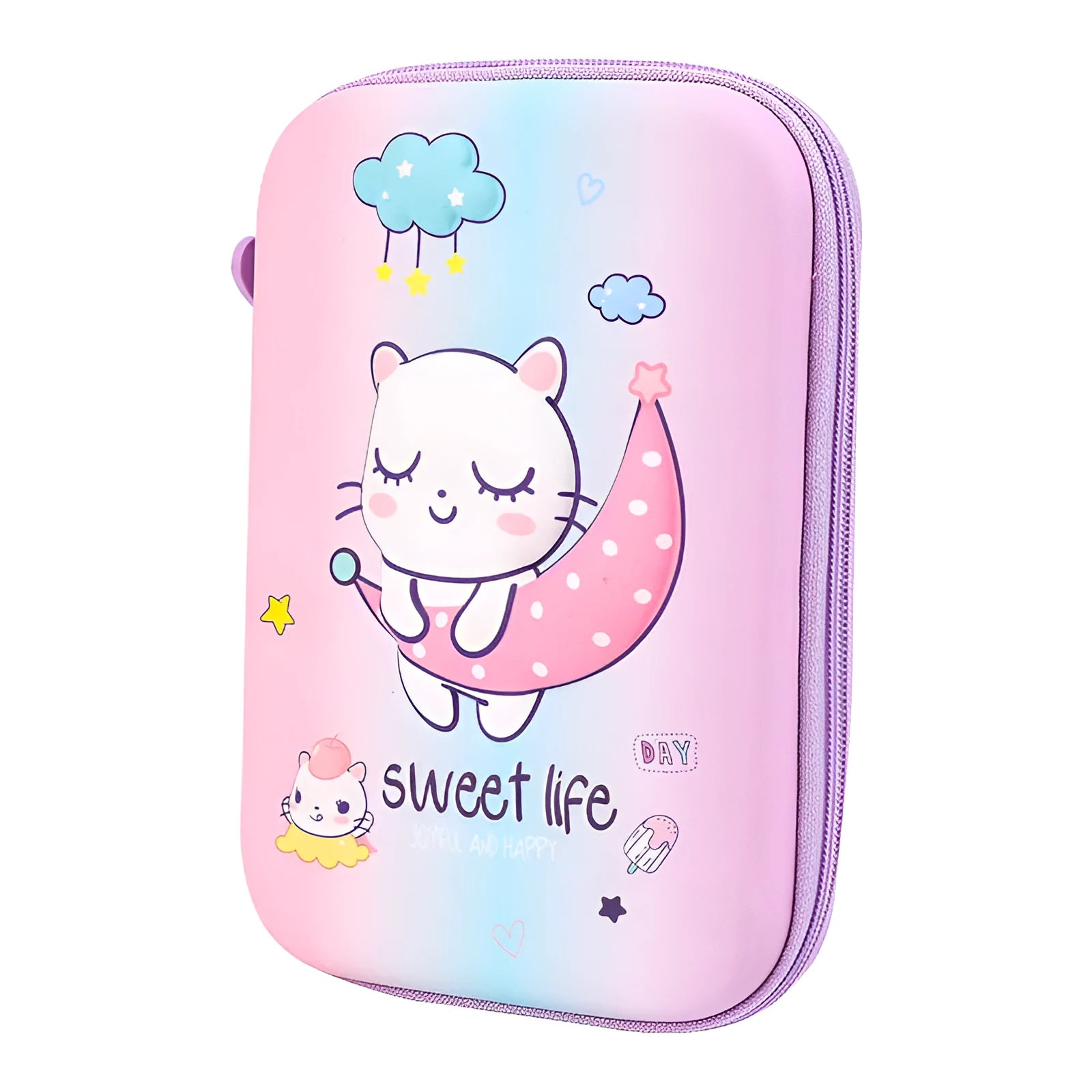 Square canvas stationery box with cartoon anime design, showing large capacity interior for pens and pencils.