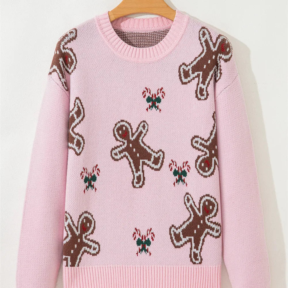Women's pink acrylic loose slimming sweater with round neck and long sleeves for spring