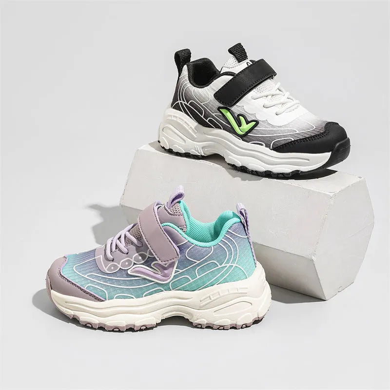 Children's black and purple striped casual dad shoes with mesh uppers and rubber soles
