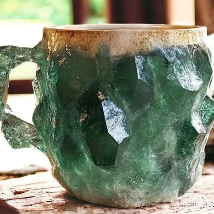Purple resin coffee mug with handle showing crystal-like texture, 10cm tall.