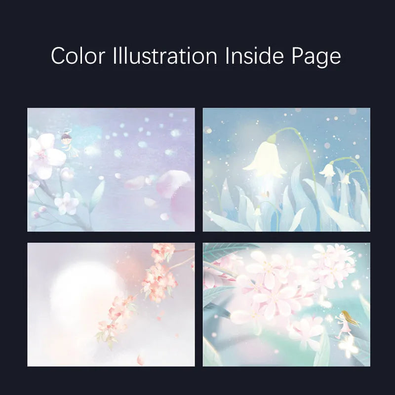 A5 notebook with luminous cover open to show pages filled with colour illustrations.