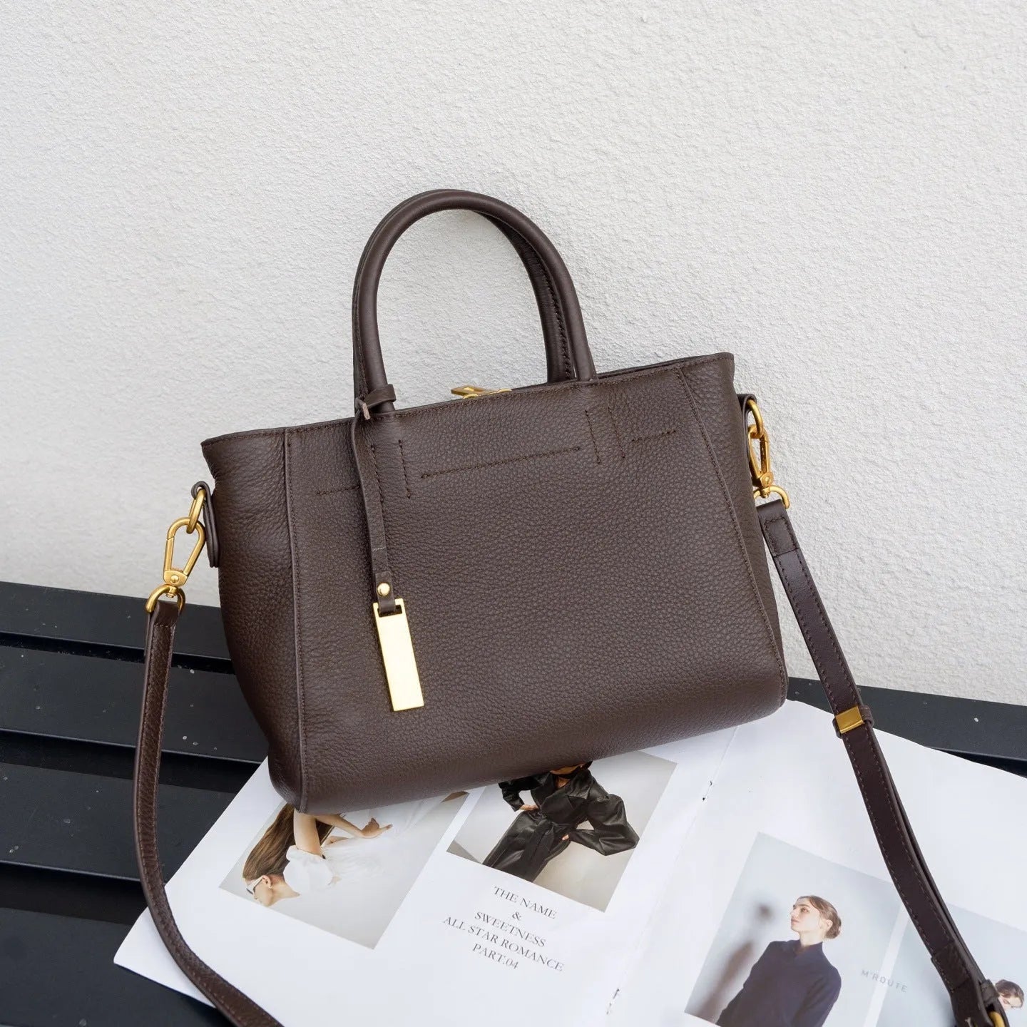 Genuine leather women handbag horizontal square shape first layer cowhide soft with sewing line detailing daily matching bag