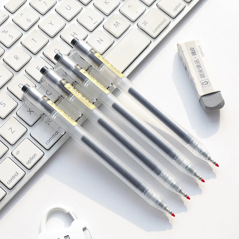 Set of twelve black retractable gel pens with frosted matte barrels and two spare refills.