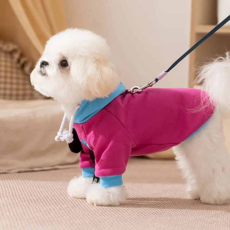 Autumn winter dog hoodie in purple with colour-blocking design, drawstring hood, and cat plush necklace for small medium breeds