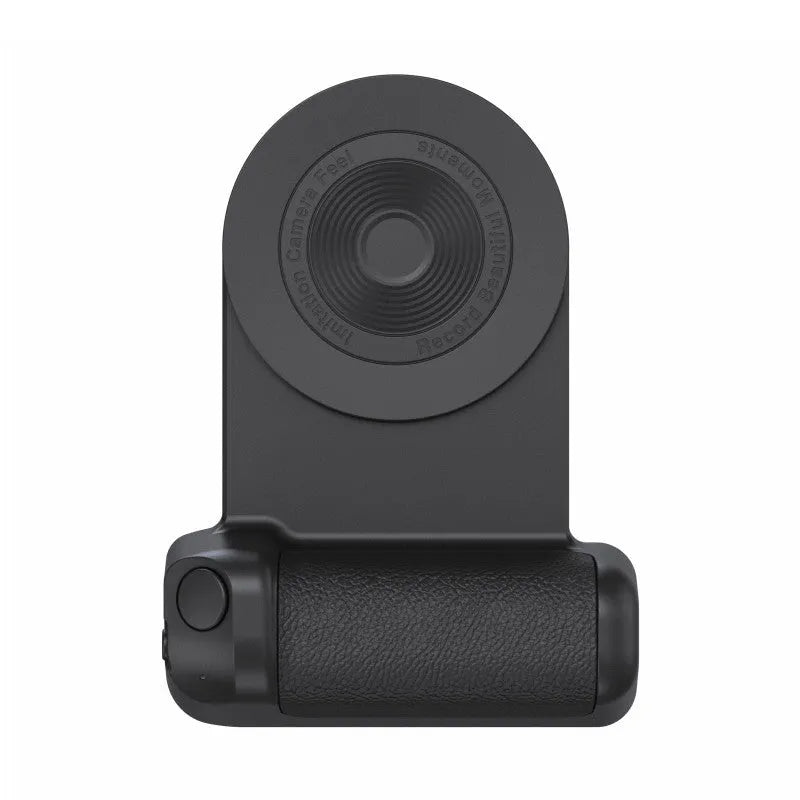 Black multifunctional phone camera holder with magnetic suction and rotatable stand on a table.