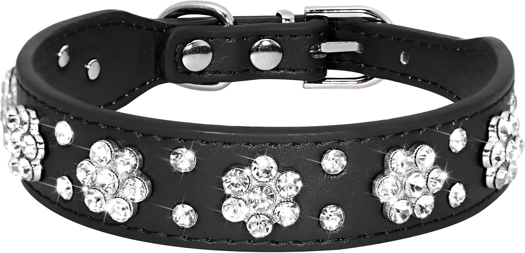 A black PU leather dog collar with glittering rhinestone flower studs and a metal D-ring.