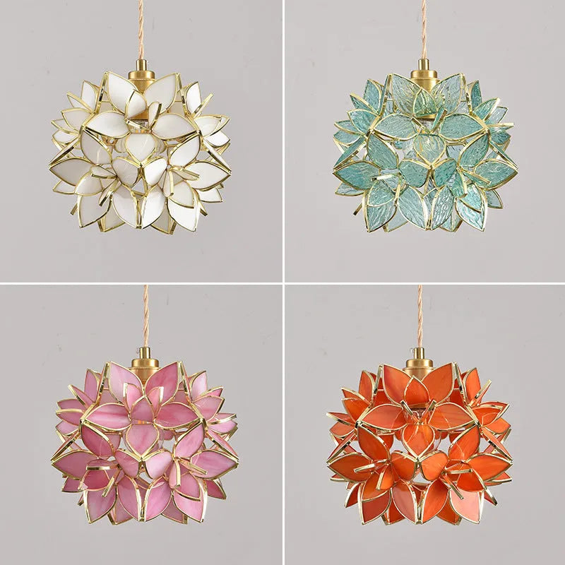 Stained glass hanging line chandelier with copper lamp head in a choice of light colours.