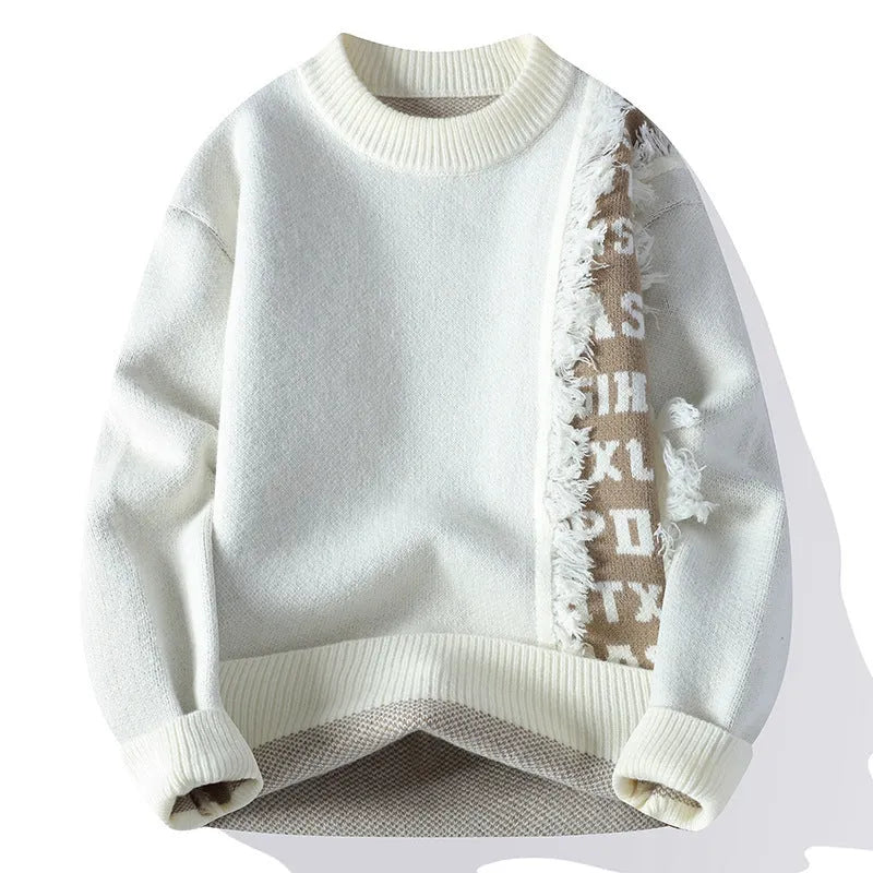 Men's loose fit knitted pullover in rabbit fur blend fabric with ribbed hemline