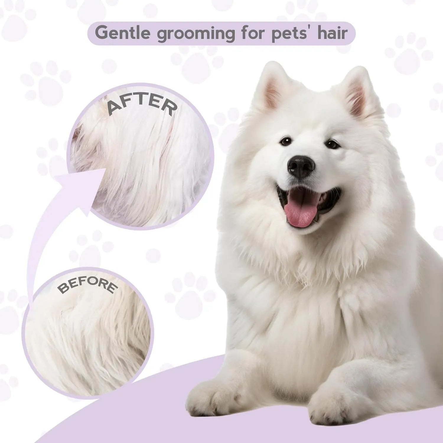 Purple pet grooming comb with stainless steel long and short teeth and an ergonomic handle.