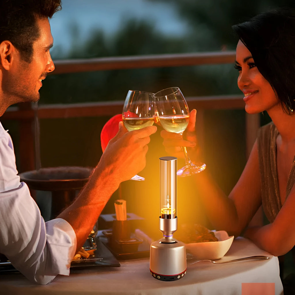 White silver candlelight Bluetooth speaker night light with modern design and push-button controls.