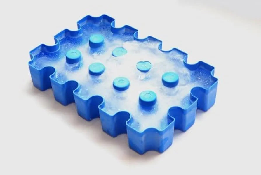 Blue polypropylene ice maker tray measuring 34cm long for outdoor camping and barbecues