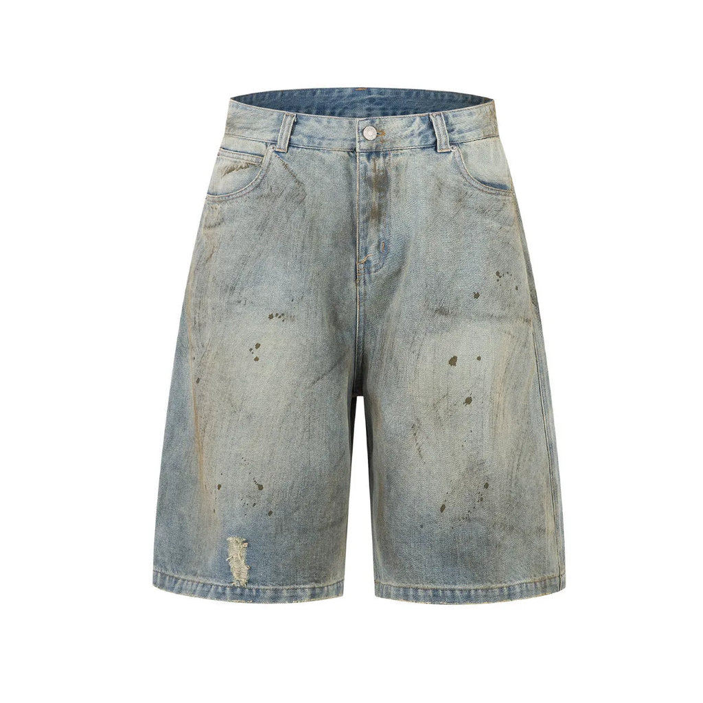 Blue cropped denim middle pants with straight leg design and zipper fly opening on hanger