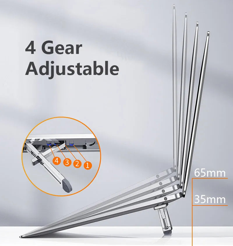Aluminium laptop cooling bracket in silver colour, showing adjustable height mechanism for notebook support