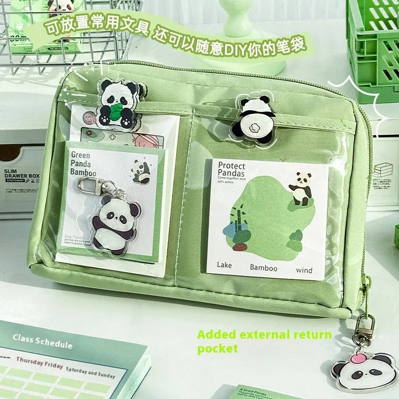 Green panda-themed pencil case with twelve compartments for stationery organisation