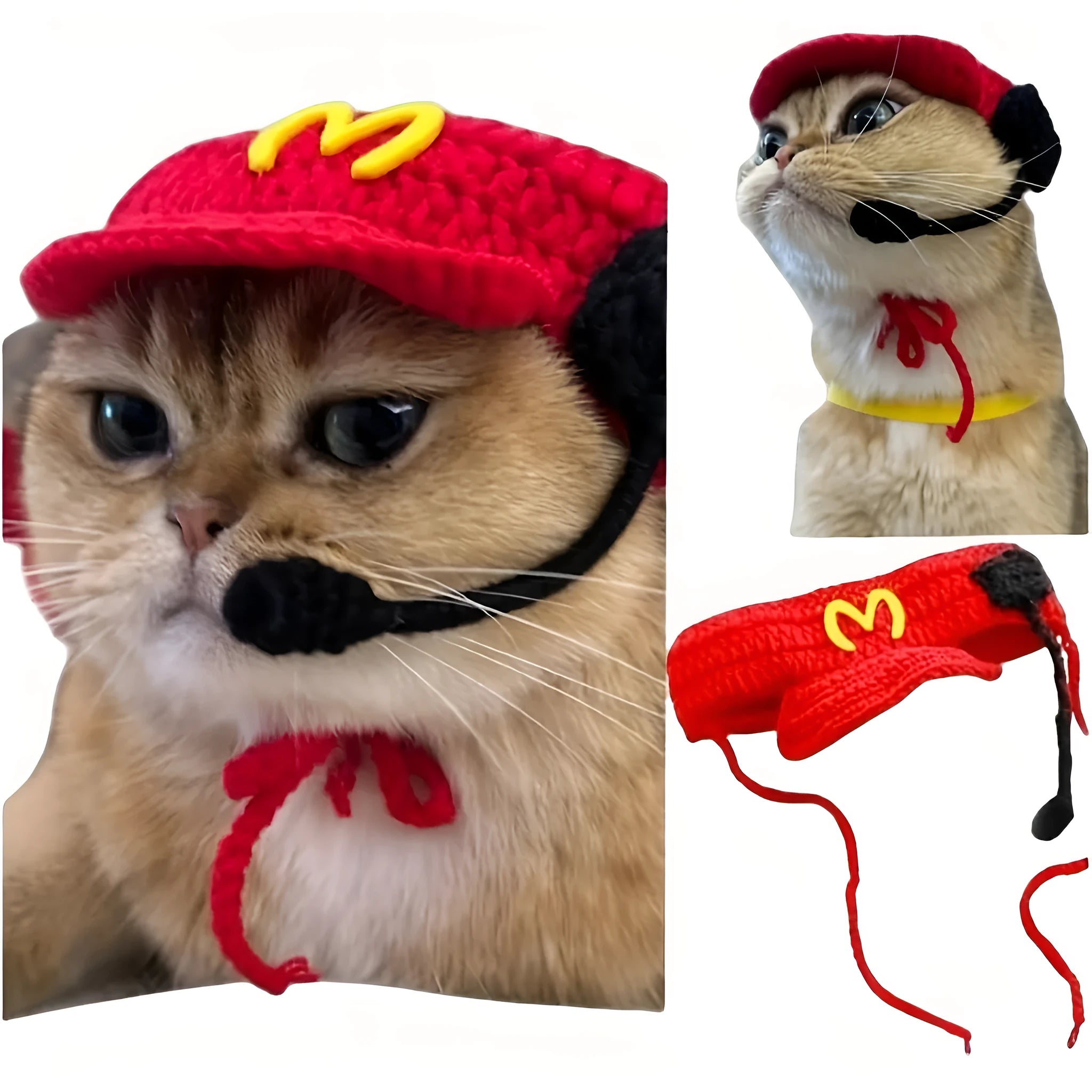 Handmade knitted cotton chef costume sweater and hat on a small cat or dog.