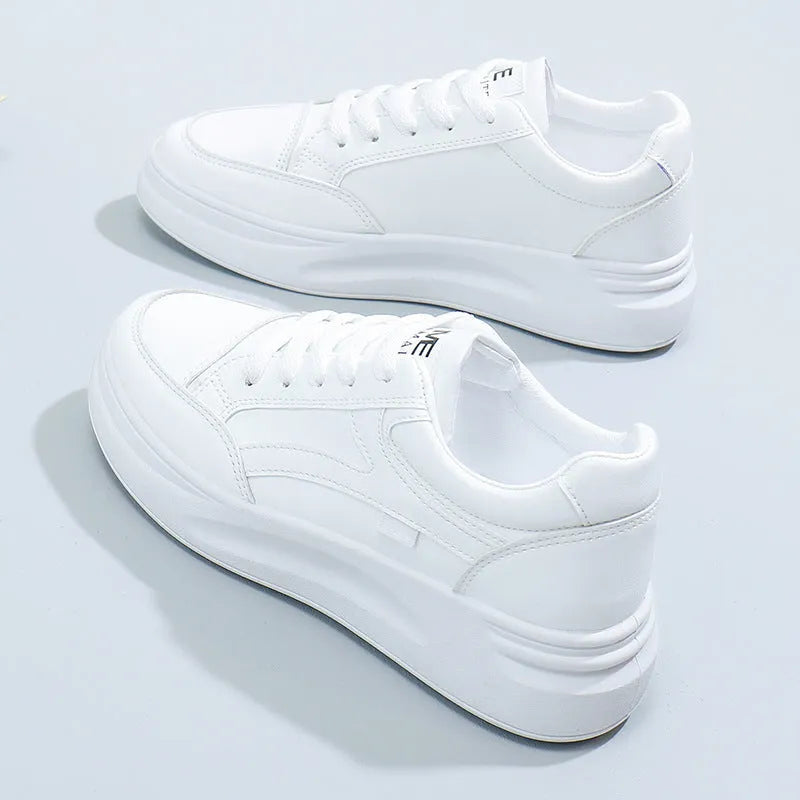 Women's casual sports board shoes artificial leather round toe lace-up solid colour white and green