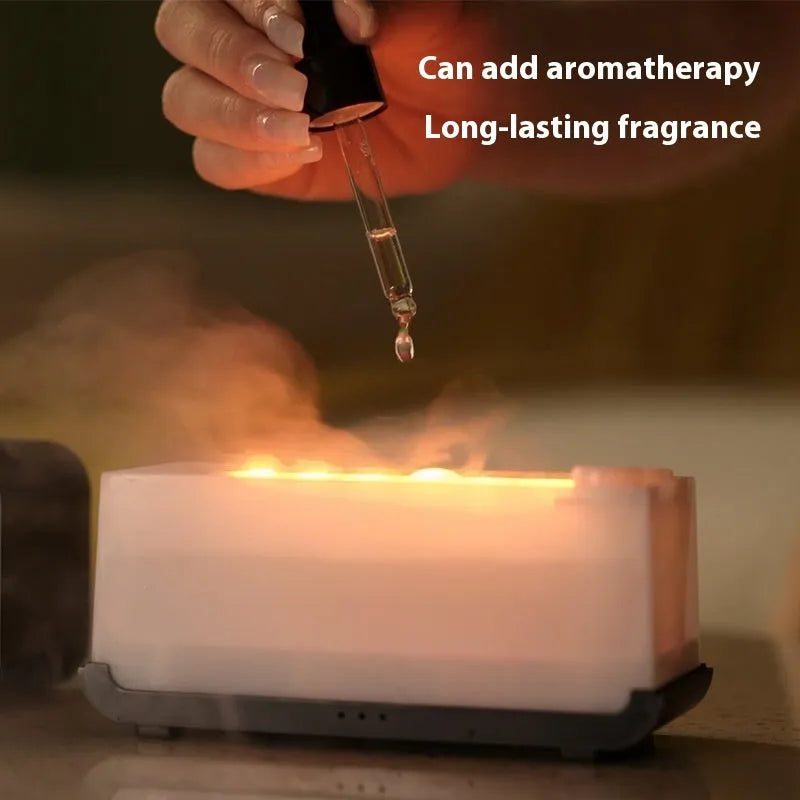 White and black USB aromatherapy diffuser with simulated flame and jellyfish smoke ring effects