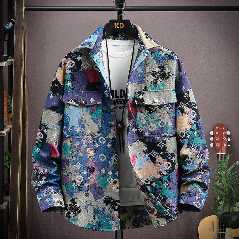 Personality casual lapel shirt coat in a colour option, shown with long sleeves and straight hem.