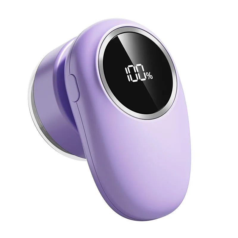 Purple and beige digital fur ball trimmer with LCD screen and multiple blade heads on a white background