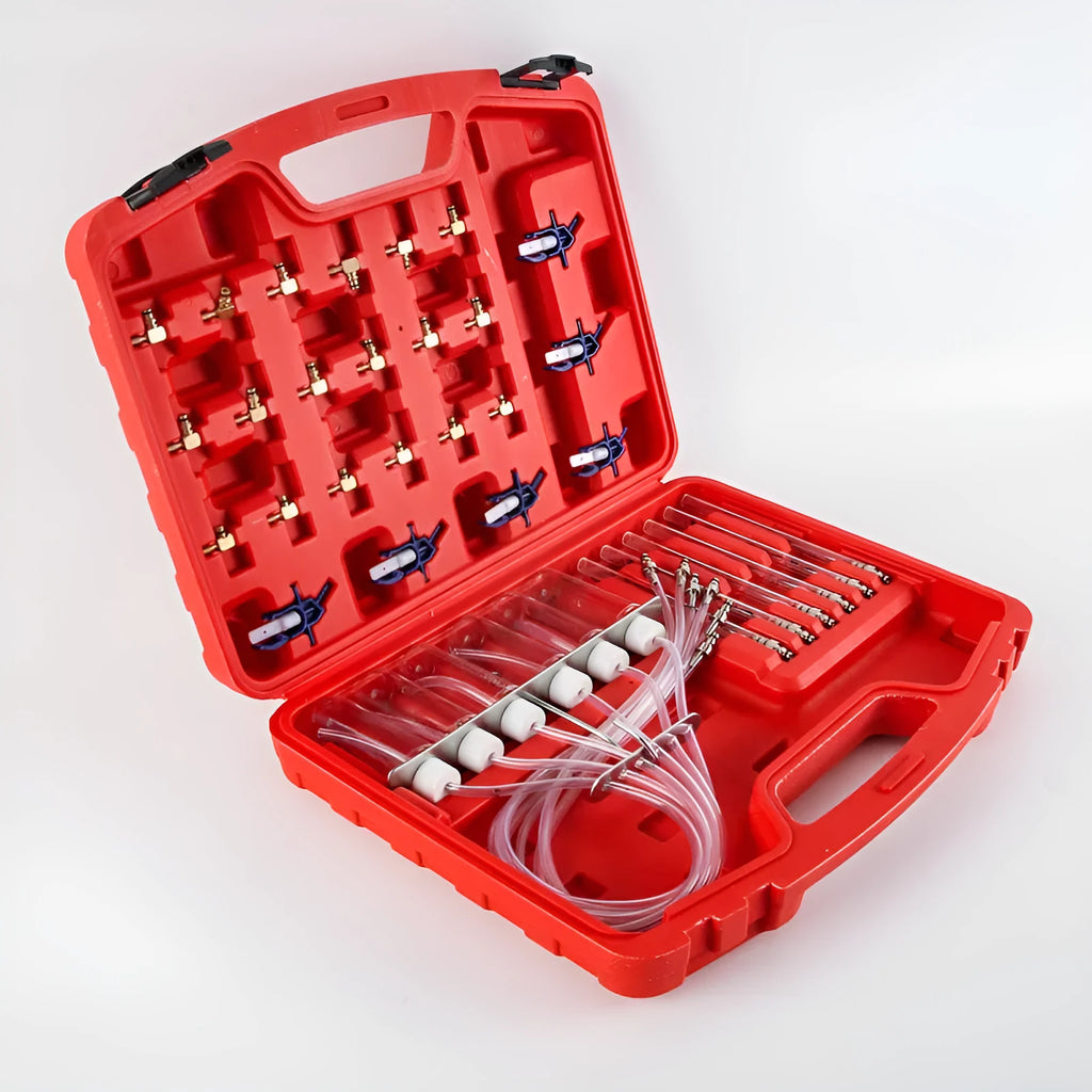 Oil return measuring instrument for fuel injection diagnostics with brass and plastic construction