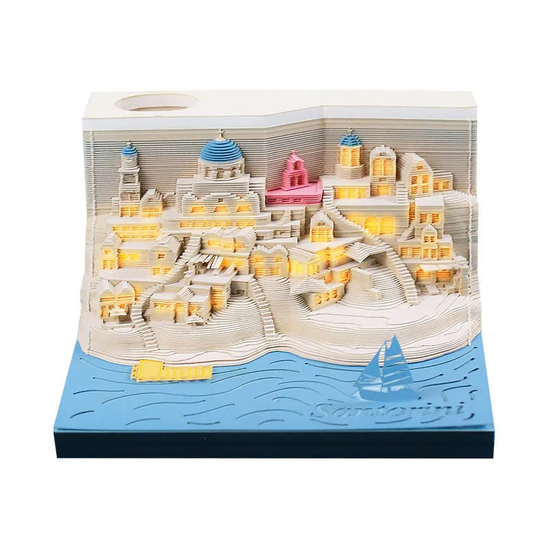 3D paper carving model of Santorini beach with LED lights, made from a notepad