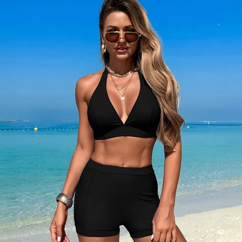 Women's black split bikini swimsuit made from nylon for swimming and hot springs