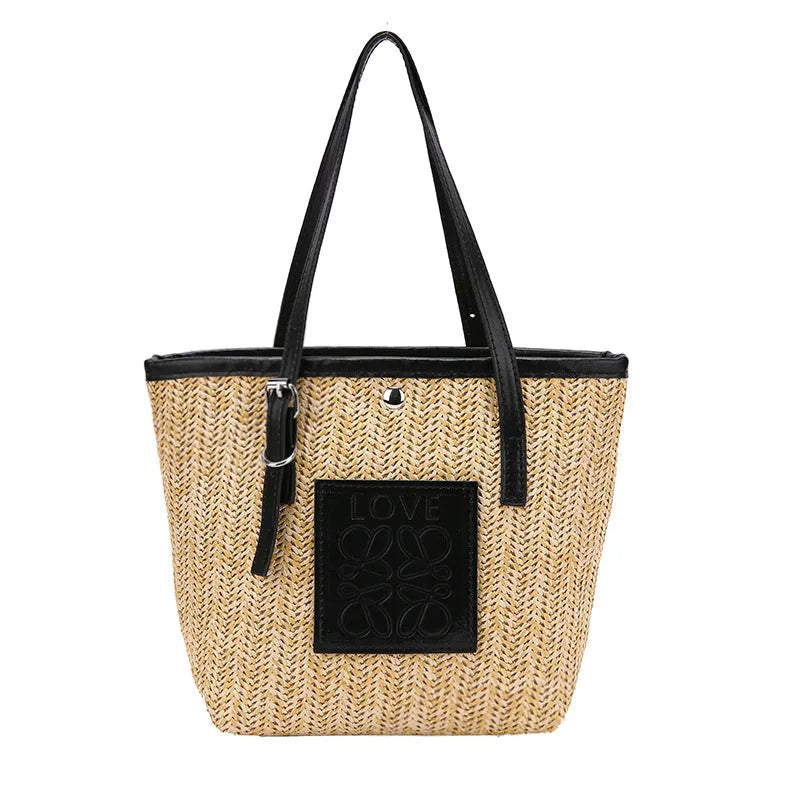 Women's woven straw shoulder bag in European American retro style with three-dimensional pockets