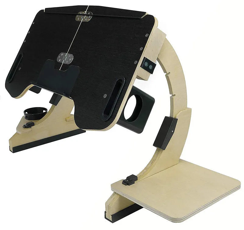 White maple wooden folding bed desk with laptop at an adjustable angle on a duvet.