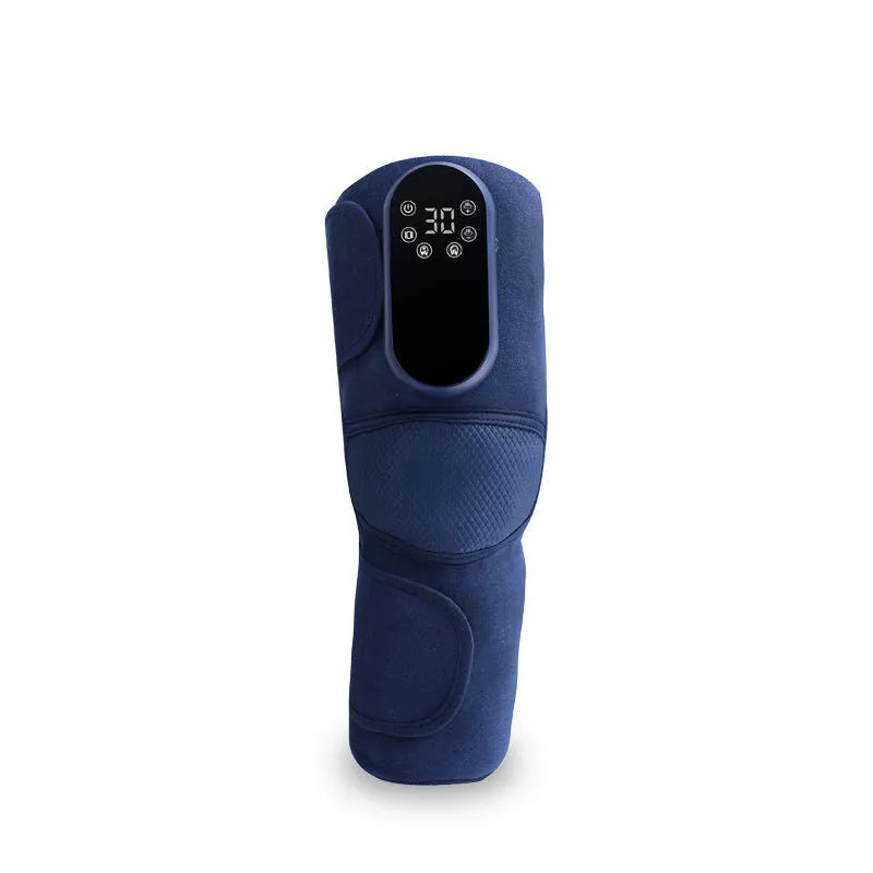 Blue self-heating knee massager with air pressure compression and vibration functions.