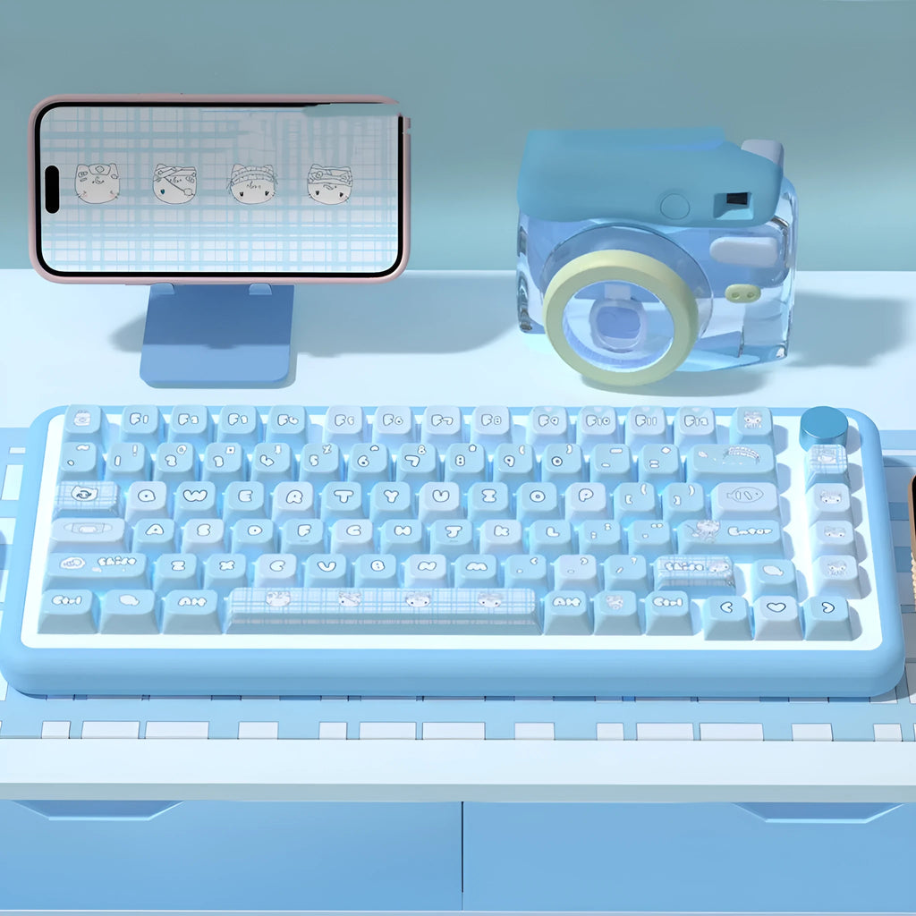 Watercolour cat design custom keycap set for mechanical keyboards, showing multiple PTB keycaps with opaque legends.