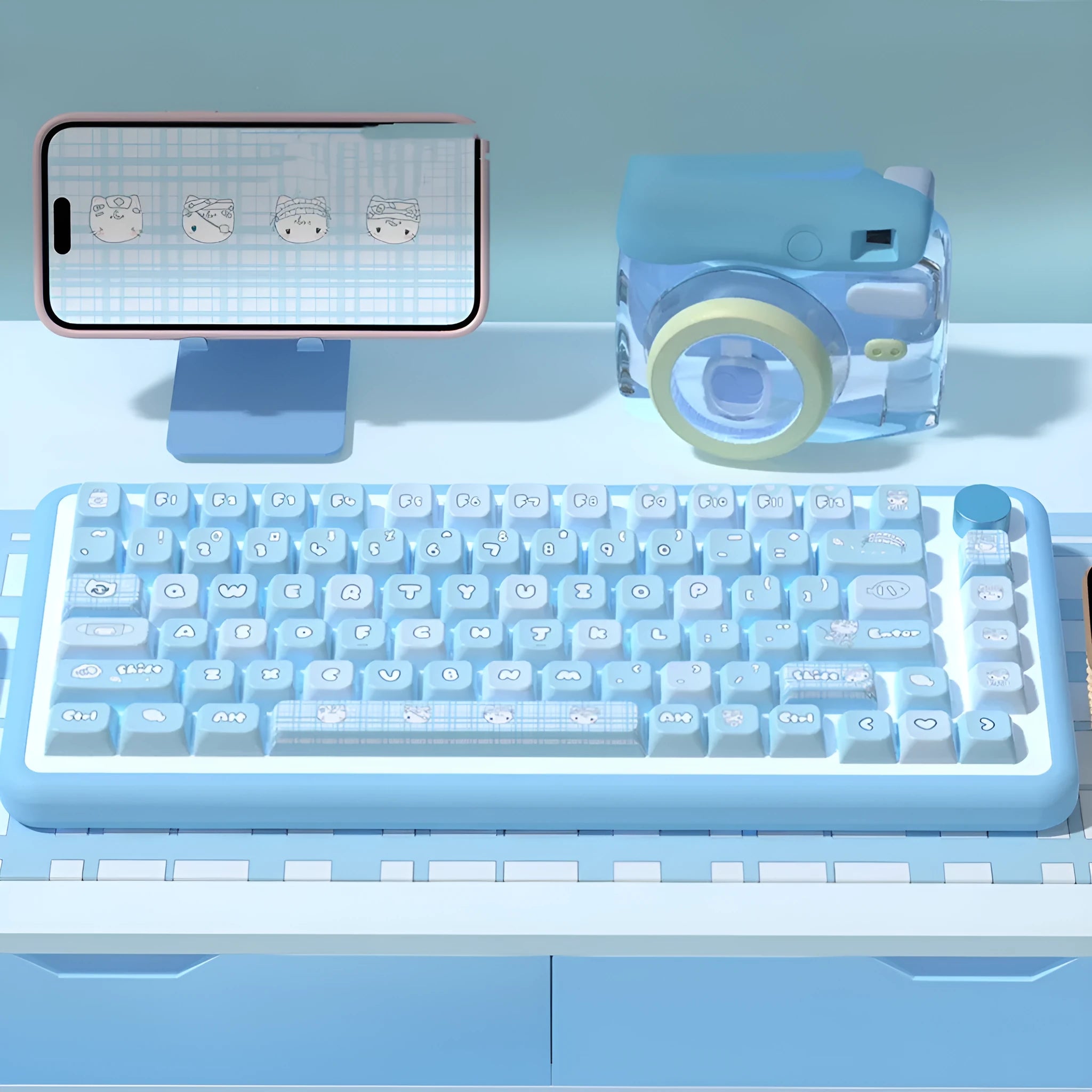 Watercolour cat design custom keycap set for mechanical keyboards, showing multiple PTB keycaps with opaque legends.