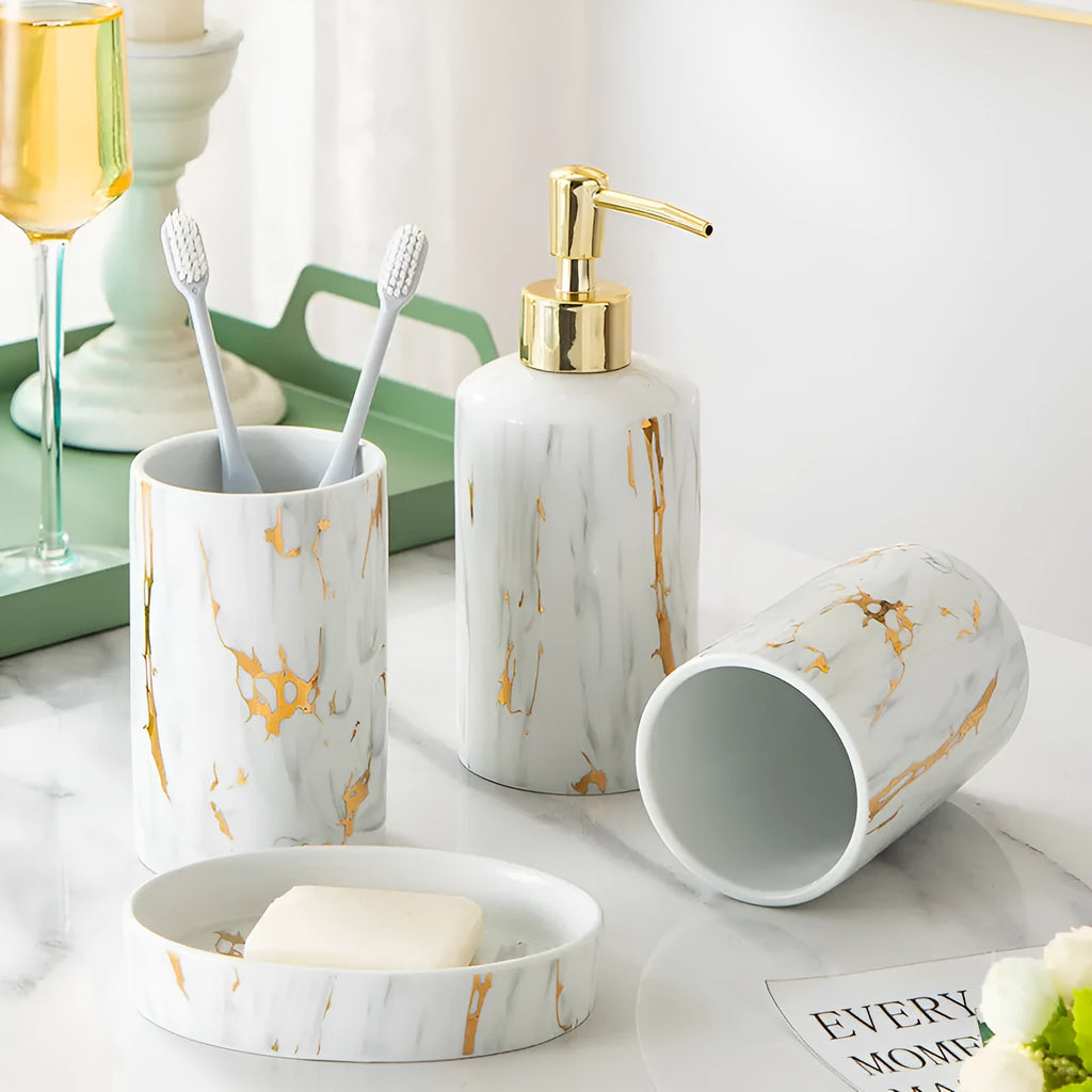 White ceramic bathroom wash kit with cup, soap box, and latex bottle