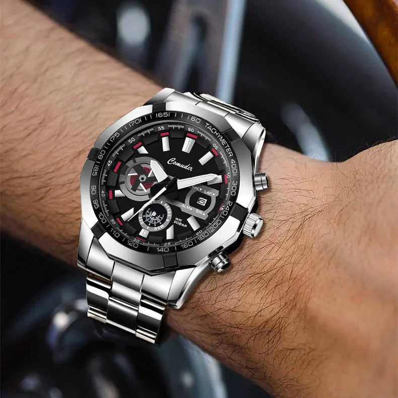 Mens waterproof luminous large dial sports watch with silver steel case and blue surface, 10mm thickness