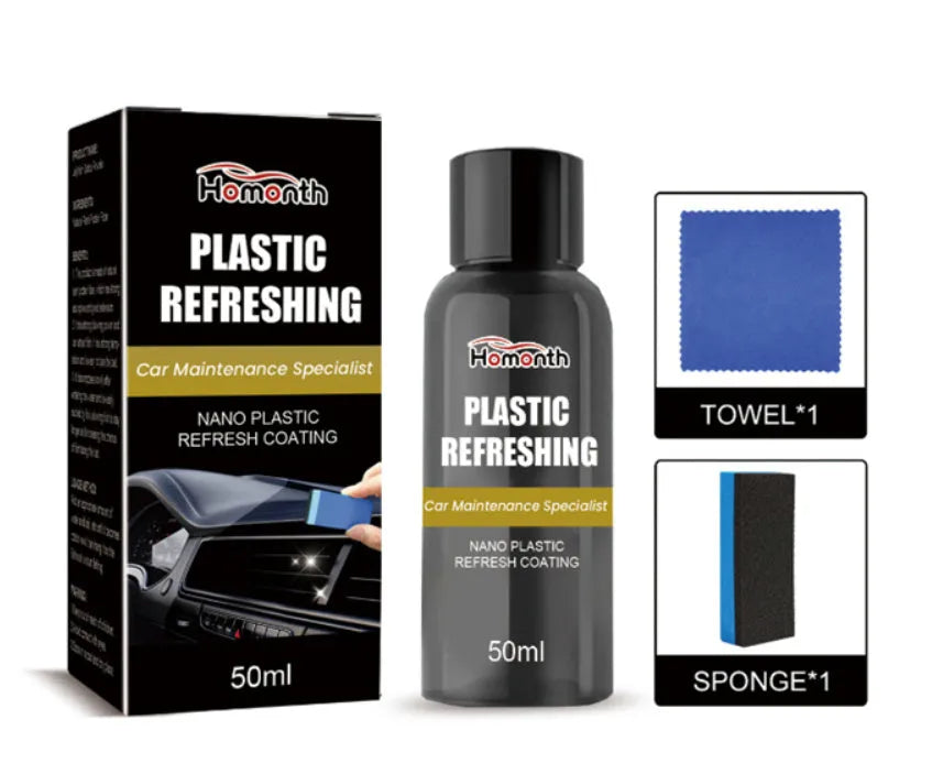 Nano plastic refresh coating kit with bottle, sponge, and towel for car headlight and interior plastic repair