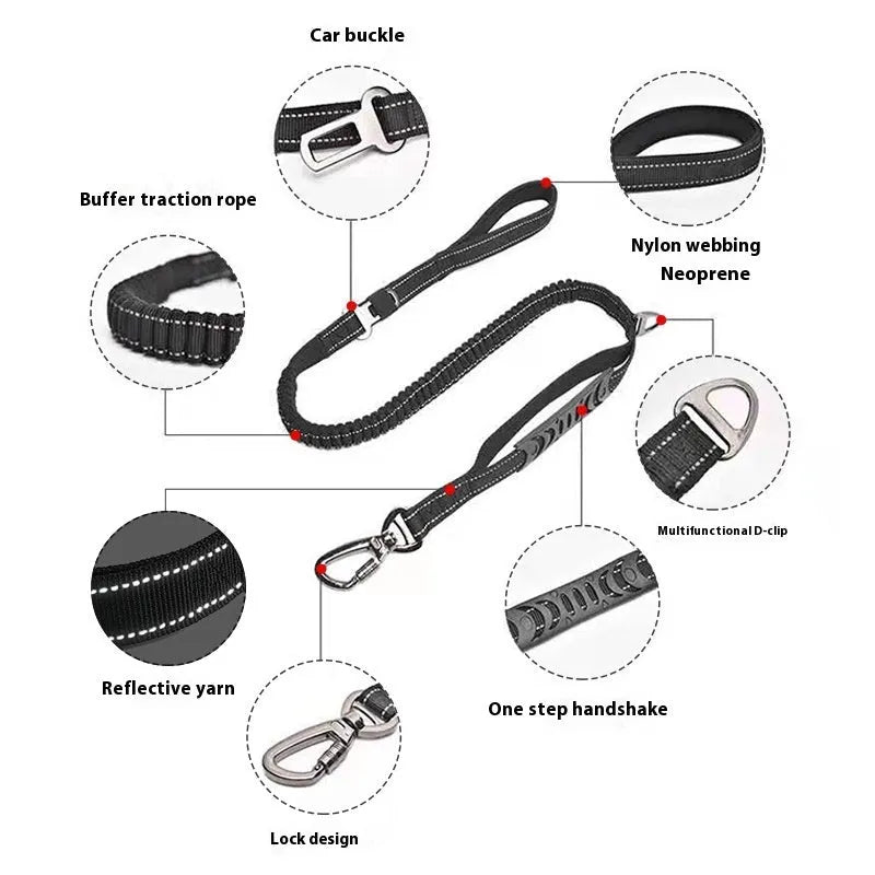 Retractable reflective dog leash with nylon traction belt in black, orange or khaki colour options