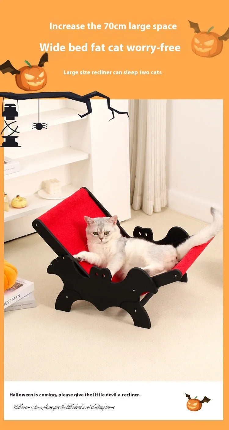 Black and red Halloween bat-themed wooden cat recliner bed with cage design and included lounge chair.