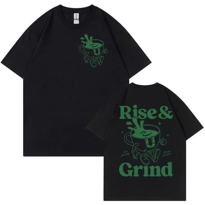 Loose fit linen t-shirt with a cartoon graphic of a green coffee bag and 'Rise And Grind' text.