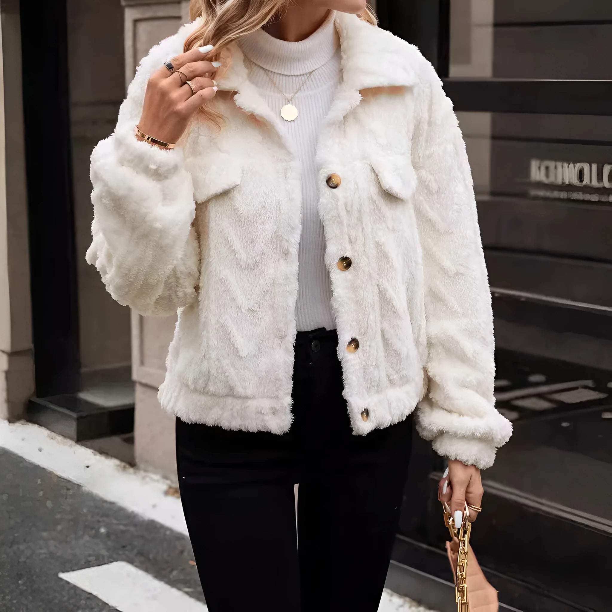 Ivory white women's cardigan jacket with button front and long sleeves