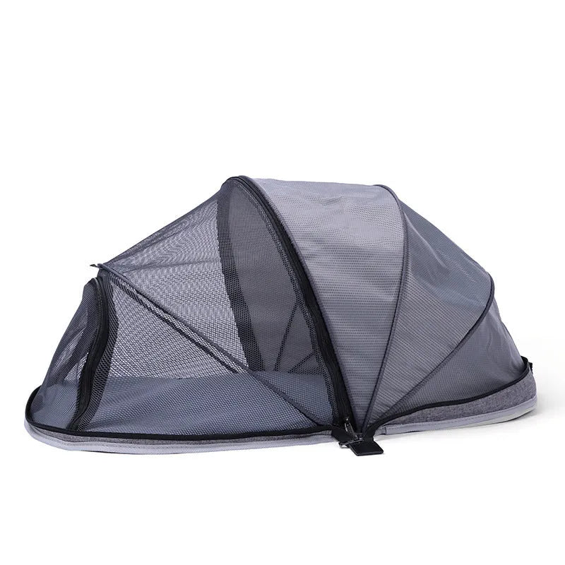 Folding cloth cat tent with half-mesh panels shown in blue colour option
