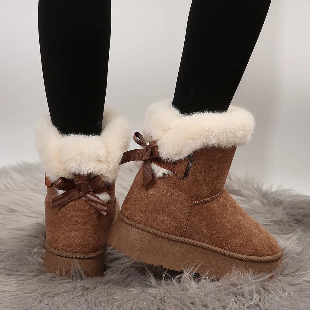 Black artificial PU winter snow boots for women with bowknot and Velcro closure
