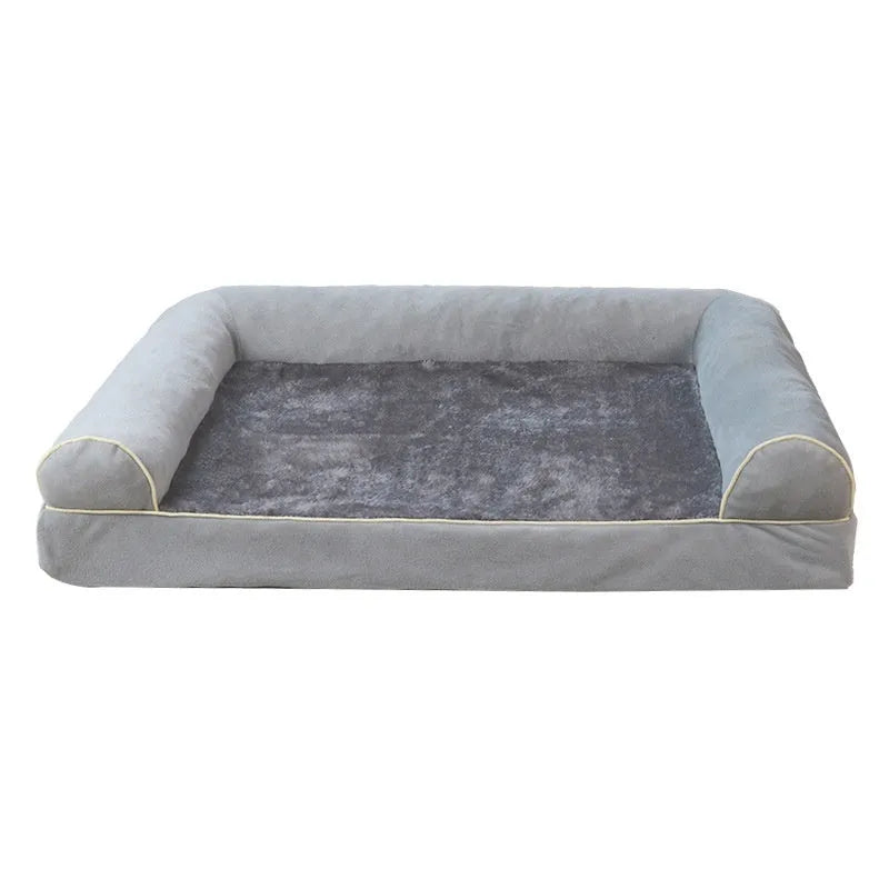 Square dark grey dog bed with breathable sponge insert and removable cloth cover on a wooden floor.