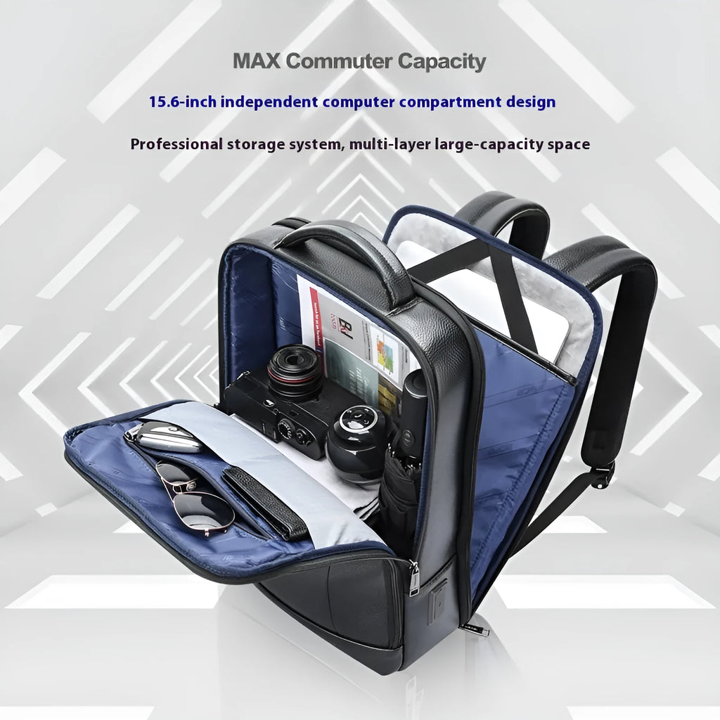 Black genuine leather men's business backpack with USB charging port and curved shoulder strap