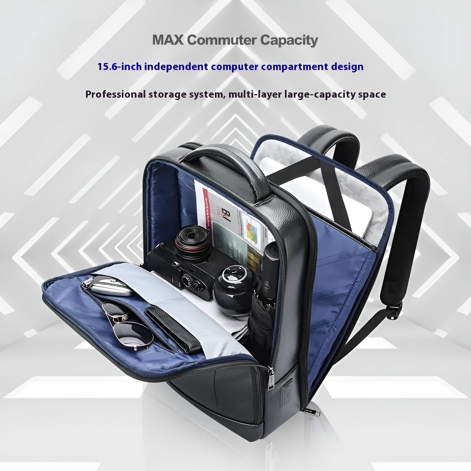 Black genuine leather men's business backpack with USB charging port and curved shoulder strap